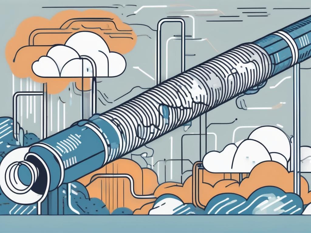 A pipeline with various abstract shapes (representing data) flowing through it at high speed