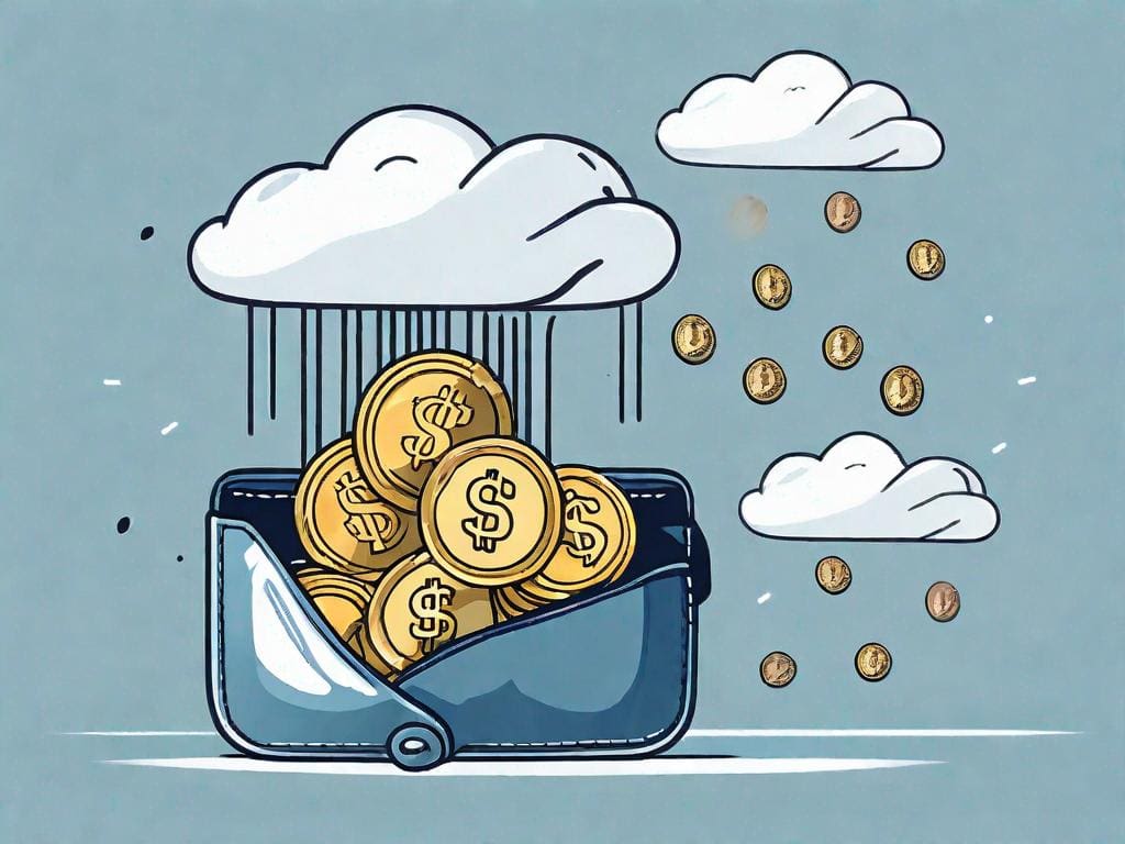 A cloud symbolizing saas with coins dropping from it into an open wallet