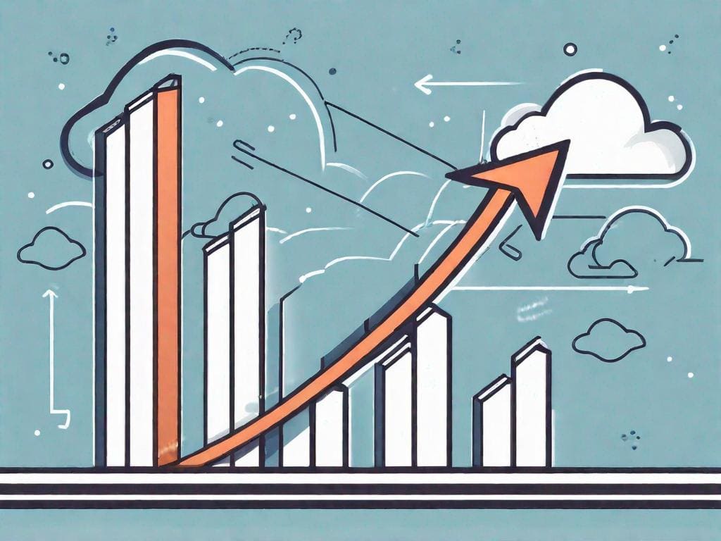 A growing bar graph with cloud symbols representing saas