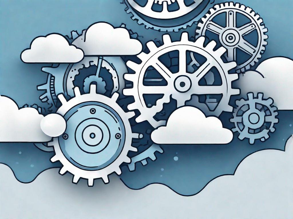 A cloud-based software system with various interconnected gears and a dollar sign