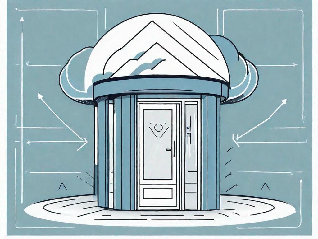 A cloud-based software with a revolving door symbolizing the concept of customer win-back