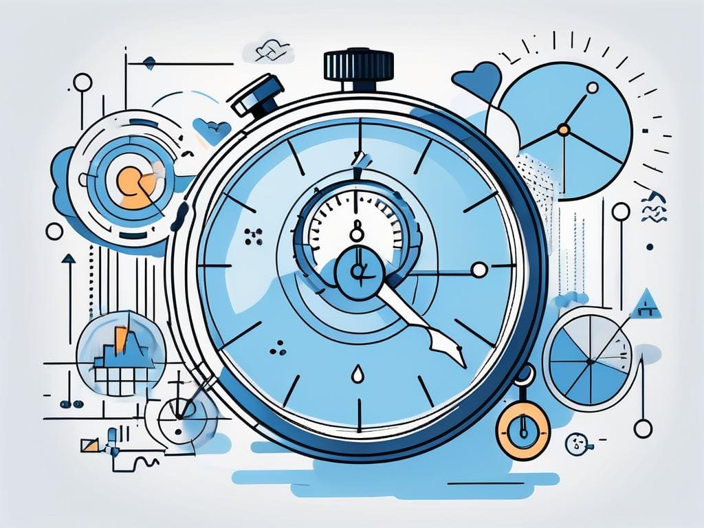 A stopwatch surrounded by various abstract symbols representing cloud
