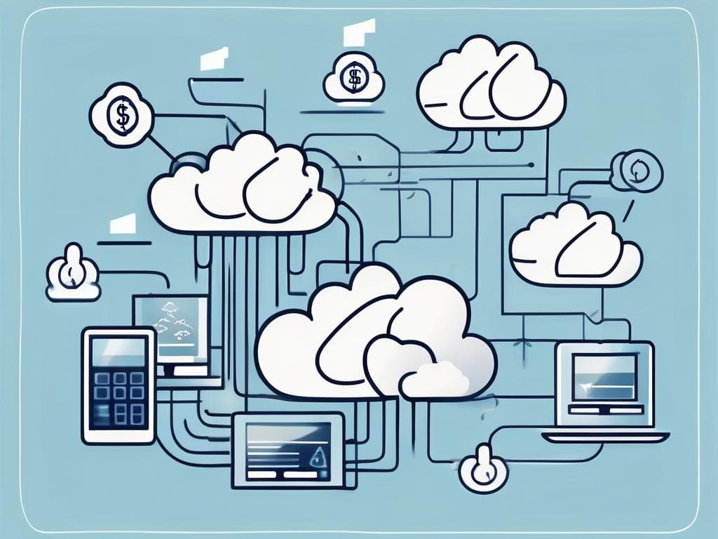 A cloud-based software system with various financial symbols