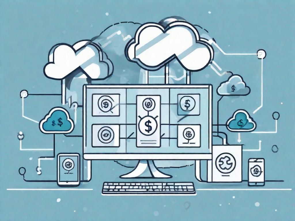 A cloud-based software with dollar signs and percentage symbols floating around it