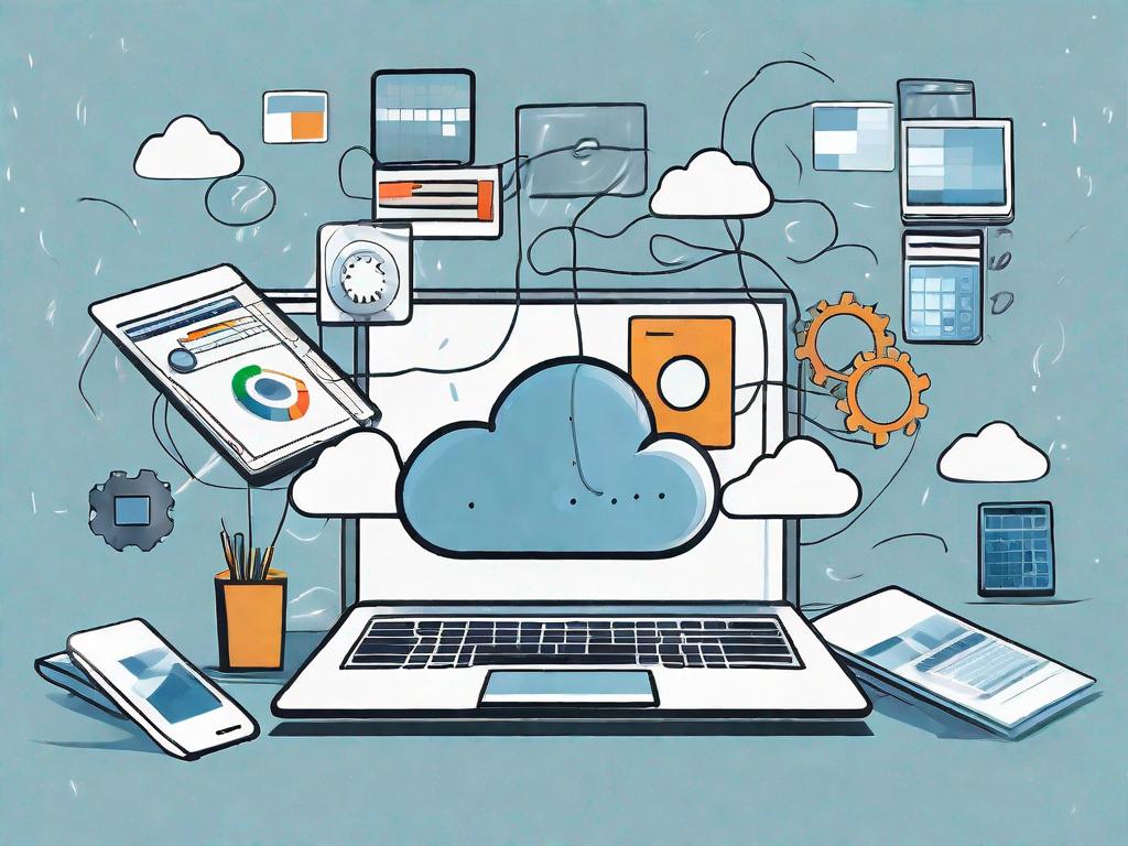 A cloud with various software applications floating around it